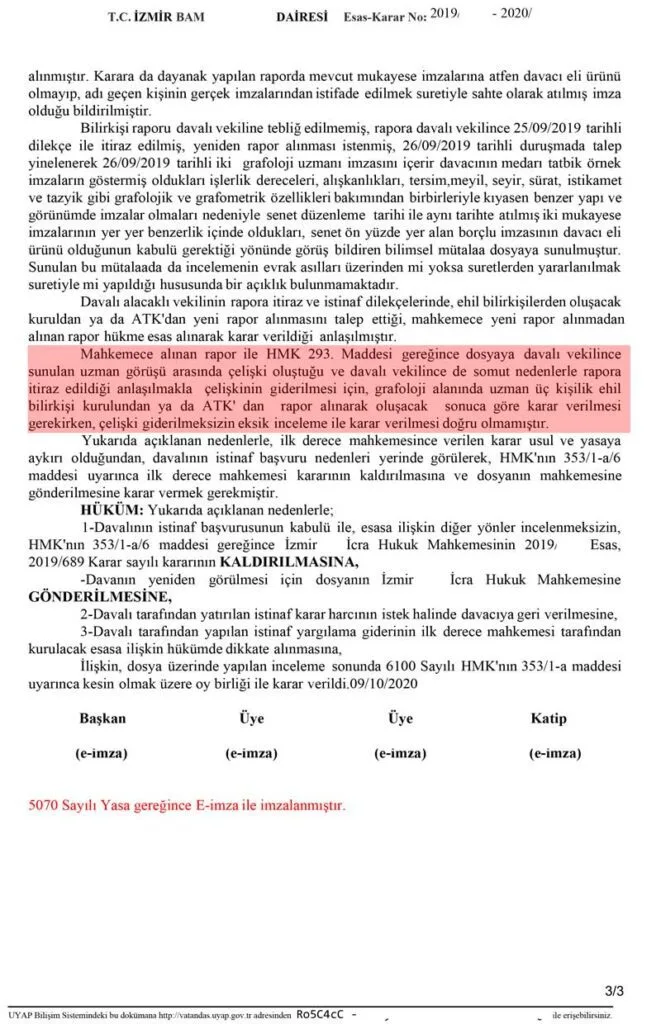 İstinaf mahkemesi kararından örnek görüntü